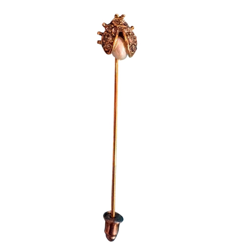 Vintage Gold Tone Ladybug Stick Pin Rhinestone Faux Pearl Insect Lapel Hat Pin